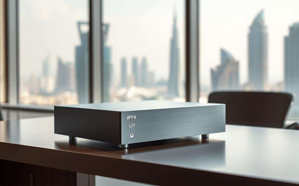 A sleek, modern IPTV box sitting prominently on a minimalist desk in an Abu Dhabi office. The box has a clean, brushed aluminum exterior with subtle LED indicators. It is positioned against a backdrop of floor-to-ceiling windows, offering a panoramic view of the city's iconic skyscrapers. Soft, directional lighting illuminates the scene, casting gentle shadows and highlighting the device's elegant design. The overall atmosphere conveys a sense of technological sophistication and the high-end nature of the IPTV service being showcased.